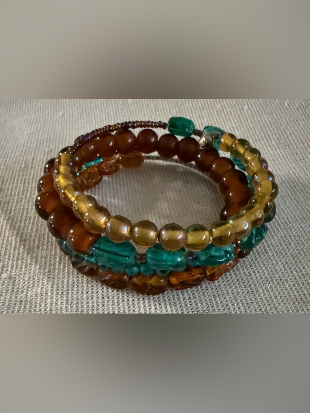 Multi-Strand Amber and Teal Memory Wire Beaded Women's Bracelet
